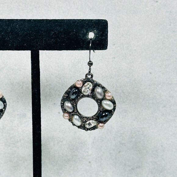 Chicos Earrings Faux Pearl Crystal Cabochons Gray Dangle 1" Pierced Ear Jewelry - Picture 2 of 9